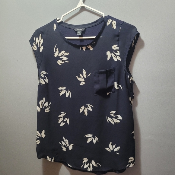 RW & Co Navy And White Leaf Print Short Sleeve Top XS - Picture 2 of 6
